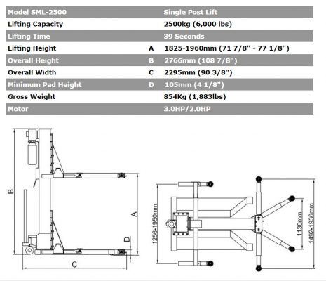 Bản vẽ kích thước cầu nâng 1 trụ đổ xe di động Peak SL2500