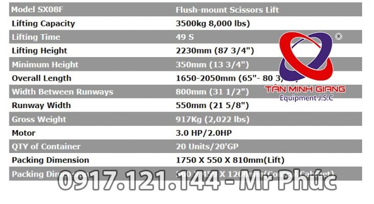 Bản vẽ kích thước và thông số kỹ thuật cầu nâng cắt kéo lắp âm Peak SX08F