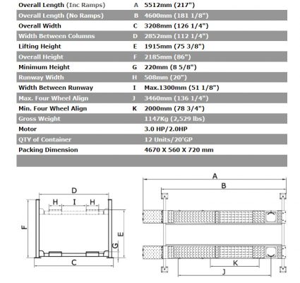 Bản vẽ kích thước và thông số kỹ thuật cầu nâng 4 trụ kiểm tra góc lái Peak 409A-1